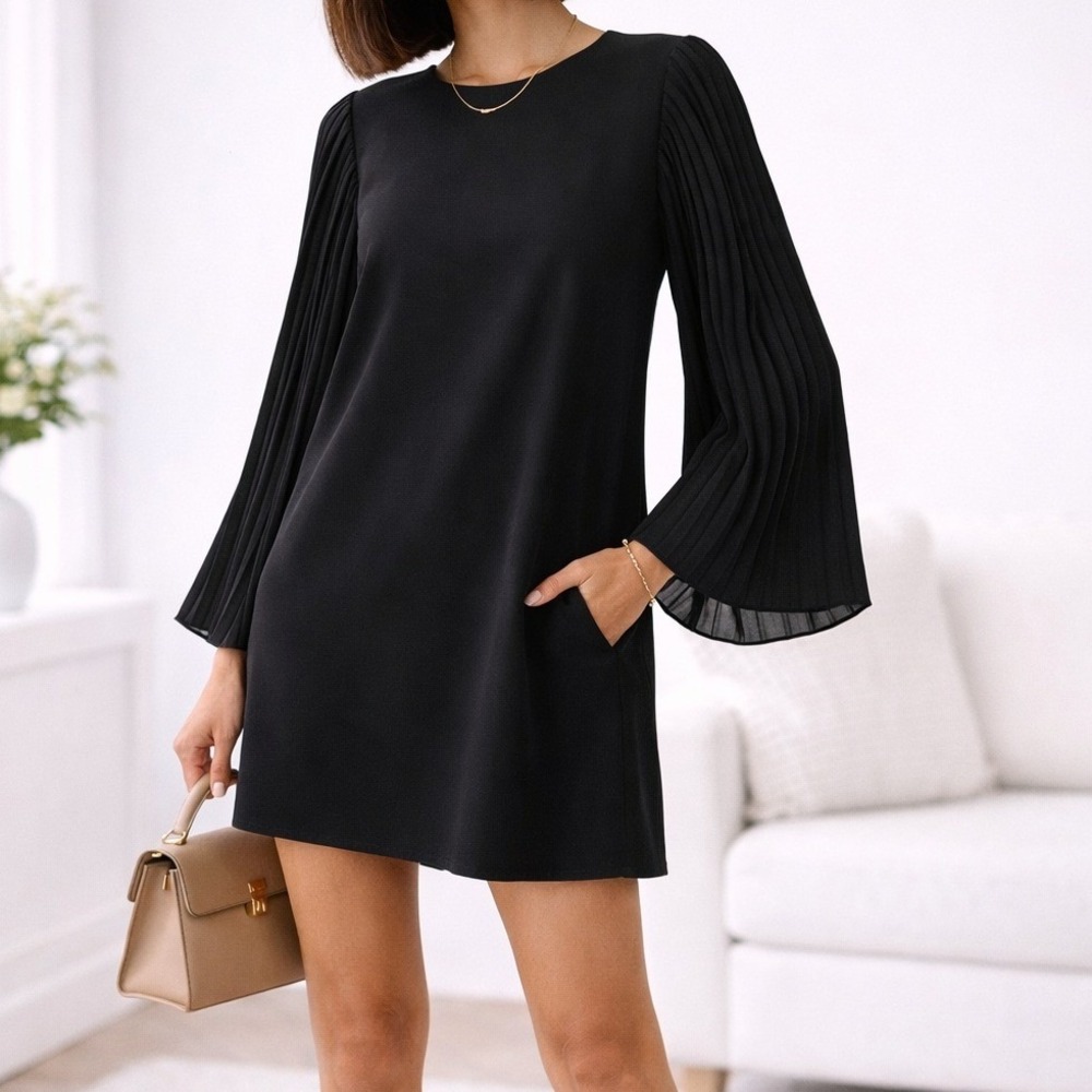 Missguided Women Pleated‎ Bell Sleeve Mini Dress Black y2k Cotton US 2